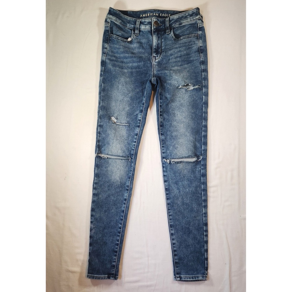 American Eagle Hi-Rise Jegging Womens 2 Regular Blue Distressed Super Stretch